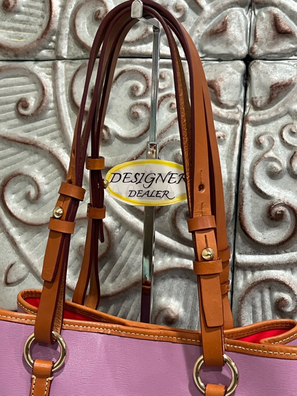 Dooney & Bourke Pink Leather Shoulder Tote with Brown Trim - Picture 5 of 12